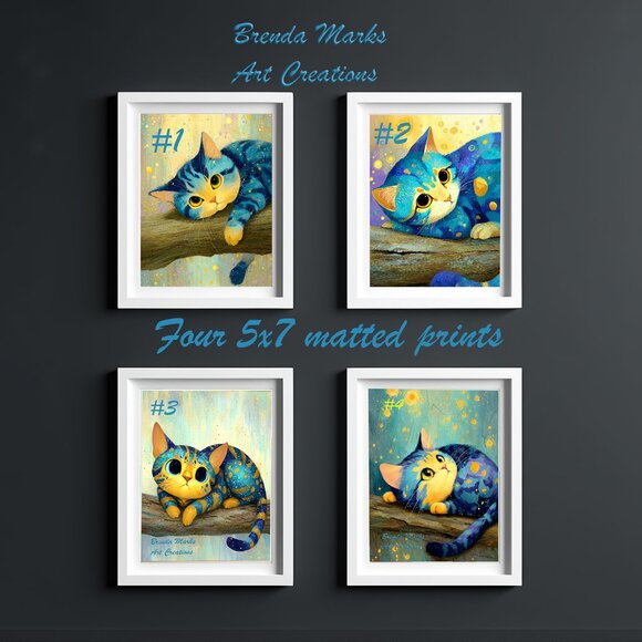 Set of Four Matted prints Cat Portrait  Special Price for Set Direct From Artist - Picture 1 of 5